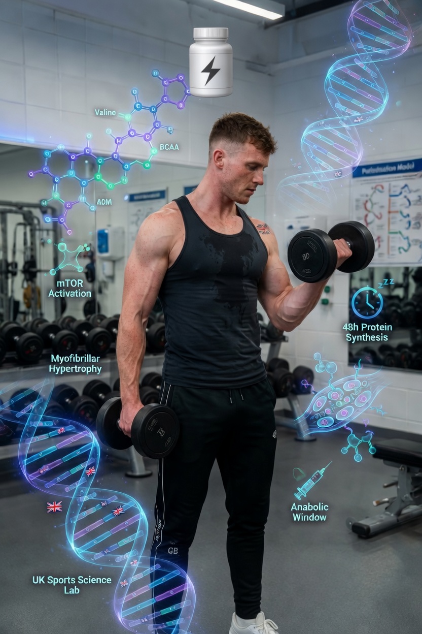 Fitness athlete lifting weights with visual illustrations of peptides and muscle recovery concepts